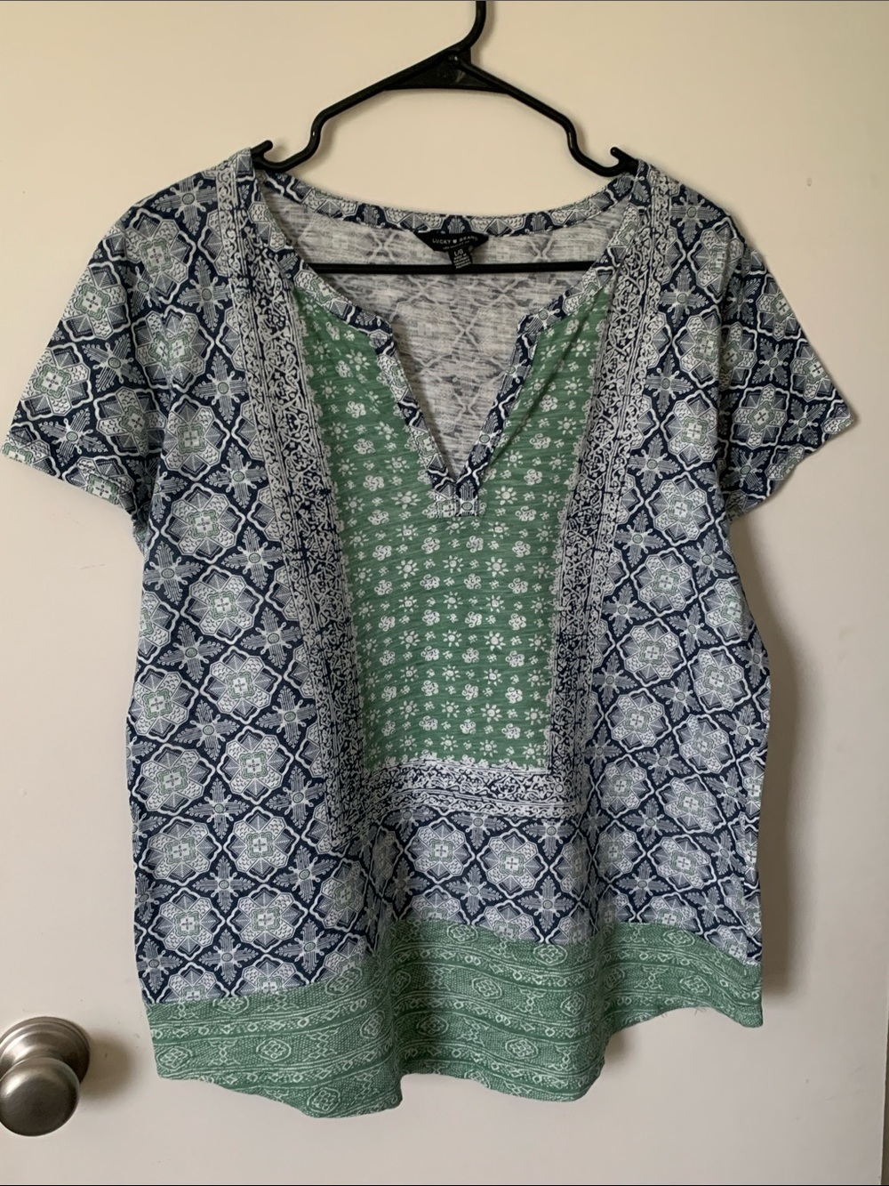 Lucky Brand Blue and Green Printed Short-Sleeve Tunic